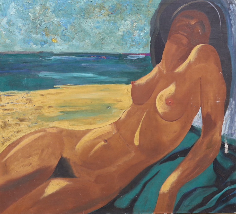 Modern Continental, oil on canvas, Female nude on a beach, indistinctly signed, 110 x 120cm, unframed